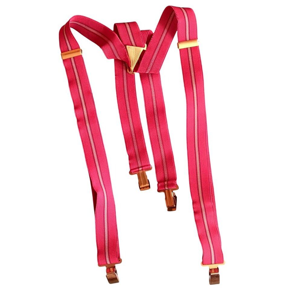 Vintage Red Elastic Suspenders With Brass Metal Clips & Y-Back Design